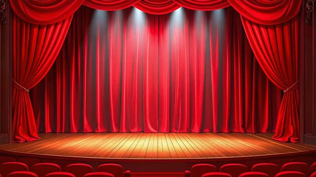 Theater stage vector template illustration with red heavy curtain and seats.