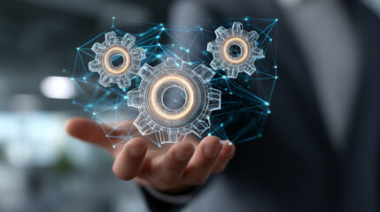 Hand holding three translucent gears connected by a network, symbolizing teamwork, technology, and interconnected systems, suitable for business or technology concepts