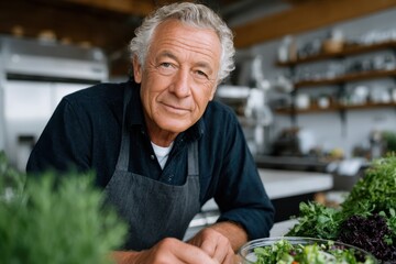 An experienced elderly chef focuses on preparing a fresh salad in a clean kitchen setting, showcasing dedication to healthy, wholesome cuisine and culinary expertise. Taste the passion.