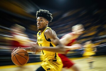 Pro athlete in yellow jersey sprinting on basketball court