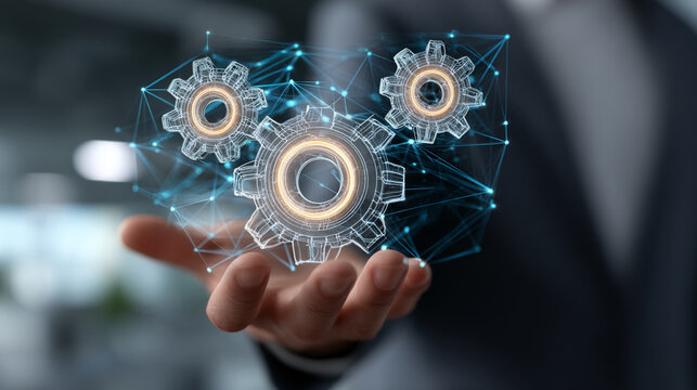 Hand holding three translucent gears connected by a network, symbolizing teamwork, technology, and interconnected systems, suitable for business or technology concepts