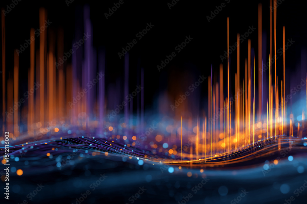 Leinwandbilder Abstract image of glowing orange and purple lines and particles on a dark background, creating a dynamic and energetic visual effect, showcasing technological advancement or data visualization