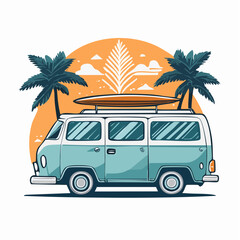 Surf Kombi with Palm Trees – Tropical Road Trip Vector