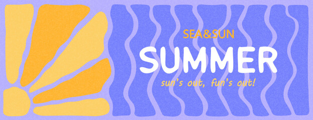 Summer horizontal abstract background with bright hand drawn retro sun and sea. Modern minimalist design template for sales, horizontal poster, header, cover, social media, fashion advertising