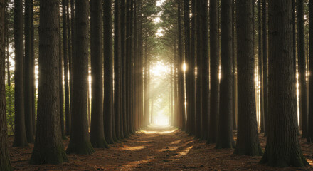 Illuminated Forest Pathway Through Tall Trees Leading to a Glowing Opening