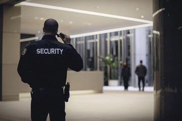 Male Security Officer Talking on Radio in Office Lobby