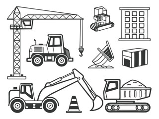 Construction & Tools Line Icon Set – Machinery, Equipment, Vehicles & Materials