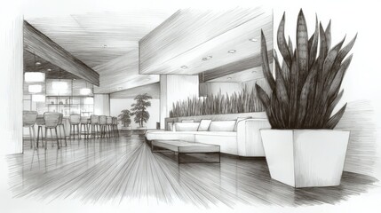 Stylish indoor sketches highlighting modern interior design with indoor plants in a spacious lounge area