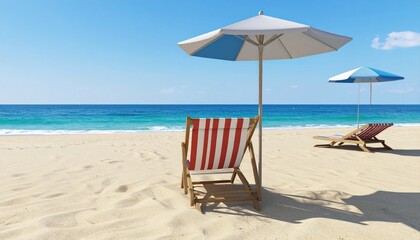 Idyllic beach scene with deck chairs and sun umbrellas under a clear blue sky