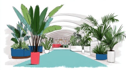 Interior sketches illustrate a vibrant space filled with diverse indoor plants in stylish containers, enhancing the rooms aesthetic appeal and atmosphere