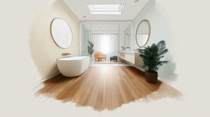 Bathroom renovation design sketches showcasing modern aesthetics and functional space planning with a calming atmosphere and natural light