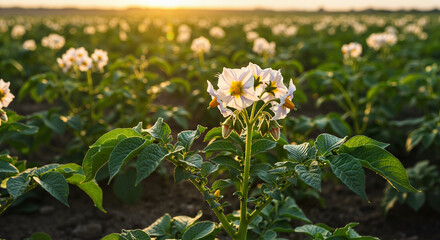 Fototapeta premium Flowering potato plant in field during sunset with sunlight glow 