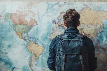 Traveler Studying World Map with Backpack