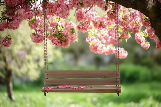 There is a swing in the flower garden