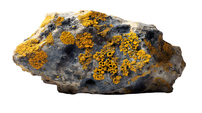 Stone covered with golden lichen patterns and pitted details, isolated on white background