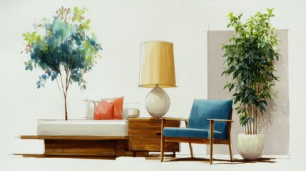 Hand drawn concepts of a cozy modern bedroom interior featuring furniture, plants, and warm colors designed for comfort and relaxation