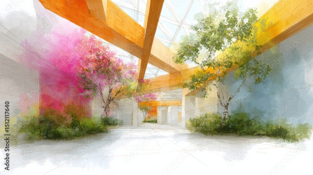 Poster architectural sketches showcasing open plan spaces with vibrant greenery and colorful floral arrange