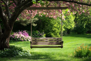 There is a swing in the flower garden