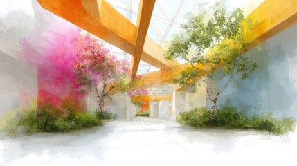 Architectural sketches showcasing open plan spaces with vibrant greenery and colorful floral arrangements creating a serene atmosphere