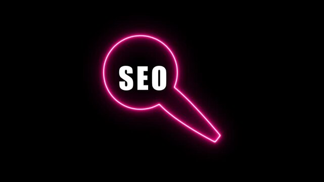bright pink magnifying glass highlights the word "SEO," symbolizing the importance of search engine optimization, digital marketing visibility, and online content performance enhancement.