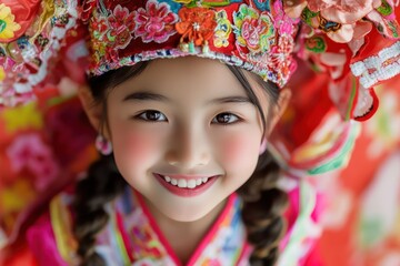Asian girl smiling in cultural outfit outdoors