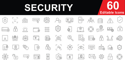 Fototapeta premium Editable Line Style Security Icons Set. Cyber Protection, Privacy, and Data Safety Symbols for Web, App, and Technology Design Projects. Vector illustration