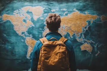 Traveler Studying World Map with Backpack