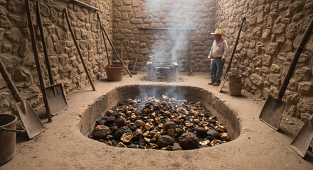 A man stands in a traditional stone mezcal cooking pit, smoke hanging in the air