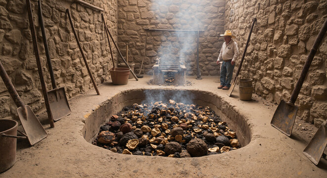 A man stands in a traditional stone mezcal cooking pit, smoke hanging in the air