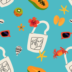 Seamless pattern with summer Icons for tropical vacation. Flat vector seasonal collection with ice cream, pineapple, tropic leaves, plumeria, watermelon, surfboard, beach accessories, swimsuit