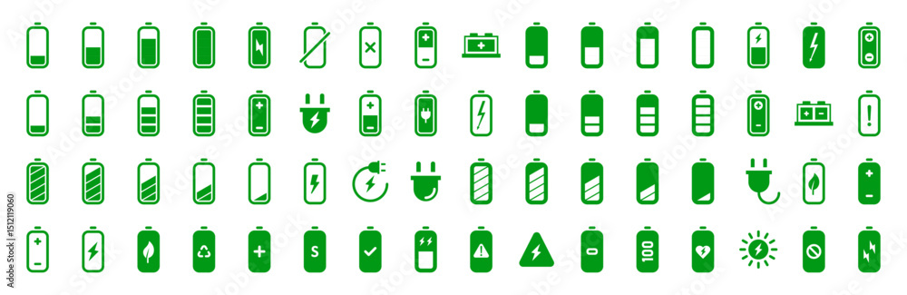 Poster battery icon set in green color for user interface. battery charge level indicator collection. vecto