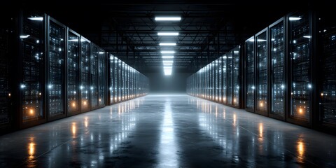 Obraz premium Perfectly symmetrical rows of cool blue LED server lights recede into a central vanishing point within a vast, dark server room, creating converging lines framed by deep black space.