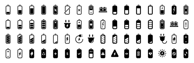 Battery icon set in black color for user interface. Battery charge level indicator collection. Vector illustration.