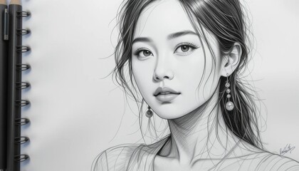 Realistic Pencil Drawing of a Young Woman with Long Hair and Earrings Artistic Portrait Sketch