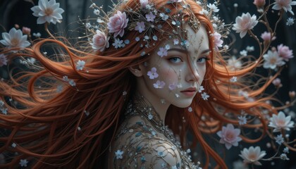 Enchanting Redhead Woman with Floral Crown Flowing Hair Fantasy Portrait