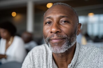 Obraz premium A thoughtful mature man gazes into the distance in a lively social setting, reflecting contemplation and connection amidst a bustling background.
