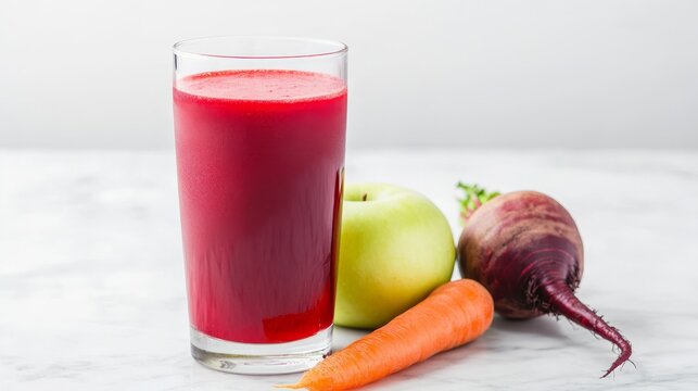 Vibrant apple, beetroot, and carrot arranged elegantly beside a tall glass of fresh juice on marble - Powered by Adobe