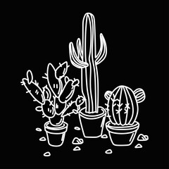 White Outline Cactus on Black