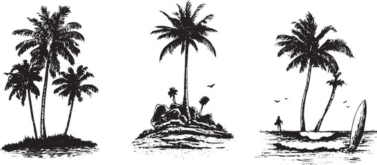 set of silhouette palm trees, palm tree set line art silhouette vector illustration, tropical coconut, palm tree silhouette and transparent background.
