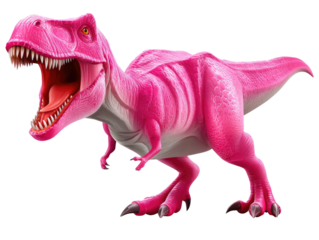 Pink Tyrannosaurus Rex: A vibrant pink Tyrannosaurus Rex stands majestically, showcasing its powerful physique and open mouth, ready to roar! A true representation of power and dominance.