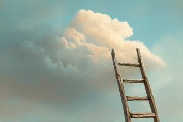 Wooden ladder leading to fluffy cloudscape, painted style, symbolizing ambition, dreams, and reaching goals, achieving success