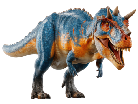 Prehistoric Predator in Color: A photorealistic representation of a Carnotaurus, with its signature horns and powerful stance. A testament to the primeval world.