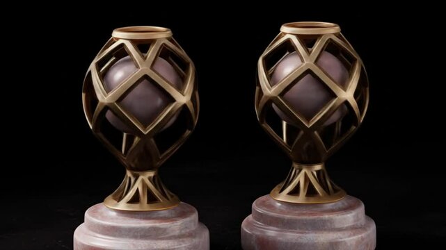 Two decorative objects with spherical elements encased in gold frames on marble bases against black