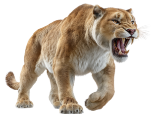 The Fierce Roar: A powerful saber-toothed tiger roars with intensity, its predatory nature on full display, set against a clean, modern backdrop.