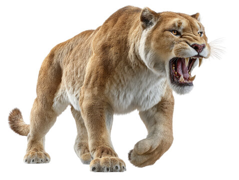 The Fierce Roar: A powerful saber-toothed tiger roars with intensity, its predatory nature on full display, set against a clean, modern backdrop.