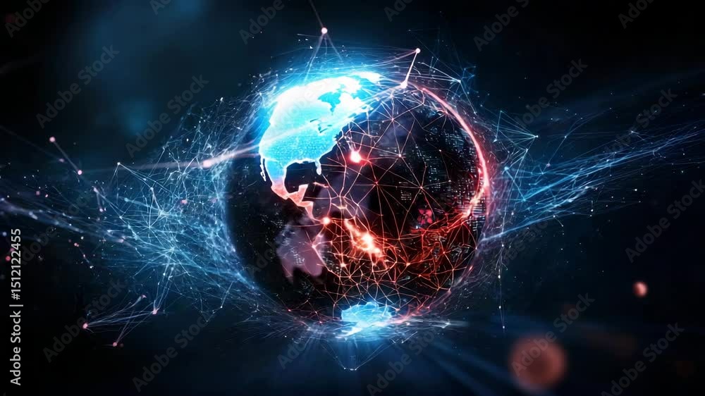 Poster A glowing digital globe surrounded by interconnected light networks, depicting global data flow and futuristic connectivity.