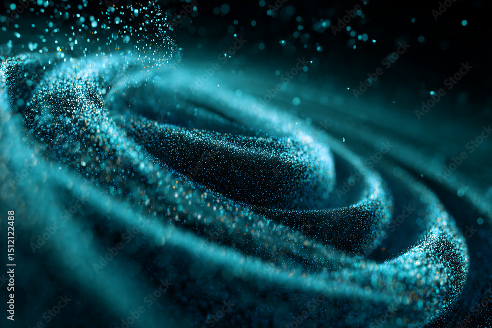 Poster Teal glitter particles swirl, creating a dynamic, abstract texture ideal for backgrounds or design elements, suggesting movement and energy
