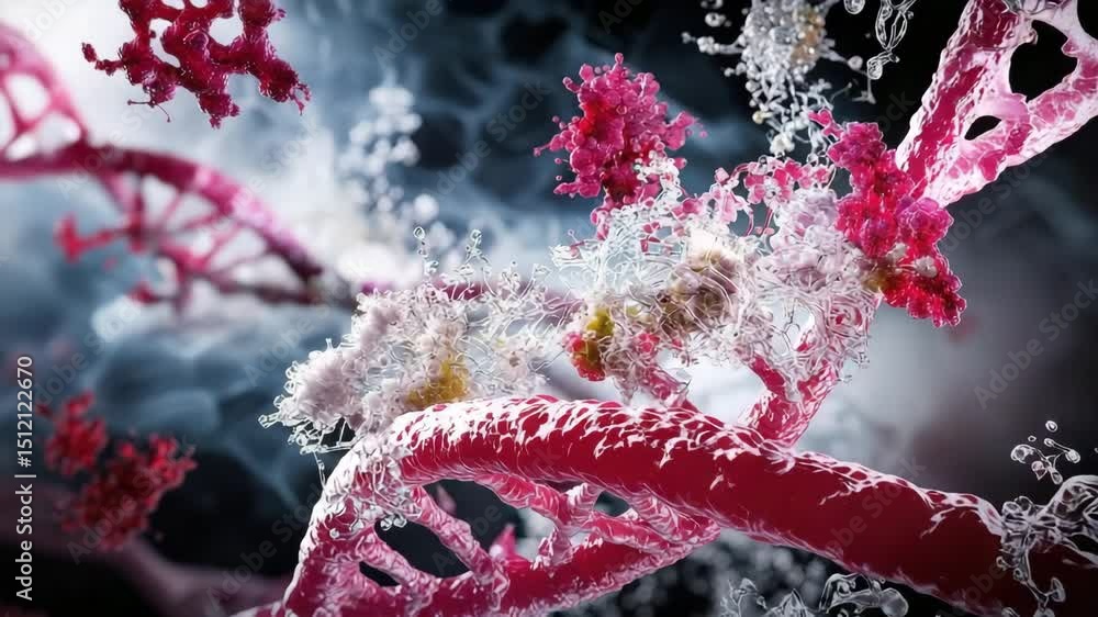 Poster A close-up, artistic visualization of DNA strands and molecular structures with vibrant colors and fluid forms.