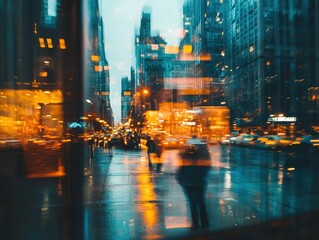 Naklejka premium A blurry, out-of-focus photograph taken from inside a window on an overcast day in New York City, with reflections and double exposure of people walking down busy streets surrounded by tall buildings.