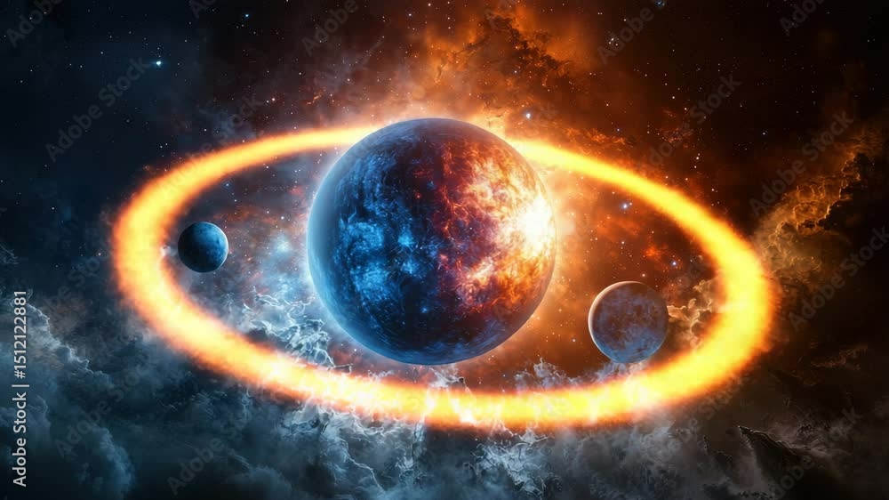 Poster a fiery planet surrounded by cosmic clouds and smaller planets in a dramatic outer space scene.